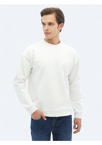 Ekru Bisiklet Yaka Baskılı Çift Taraflı Sweatshırt