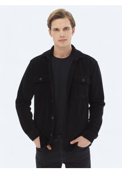 Siyah Düz Oversize Fit Pamuk Karışımlı Overshırt