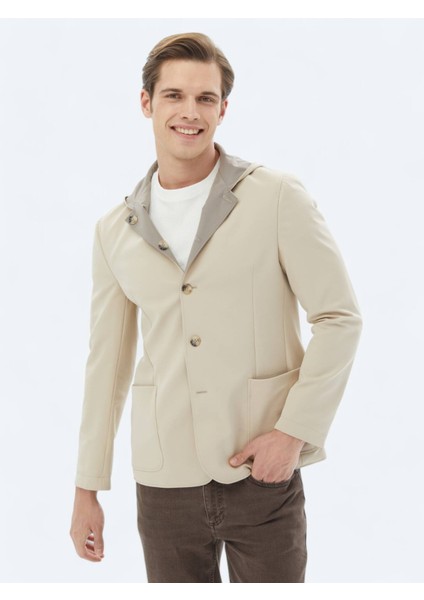 Bej Regular Fit Kapüşonlu Casual Örme Mont