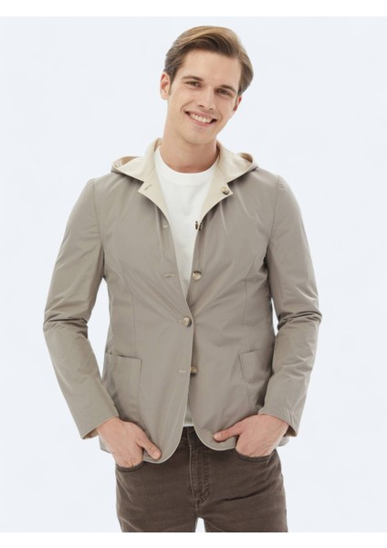 Bej Regular Fit Kapüşonlu Casual Örme Mont