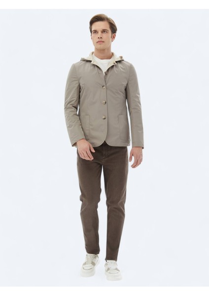 Bej Regular Fit Kapüşonlu Casual Örme Mont