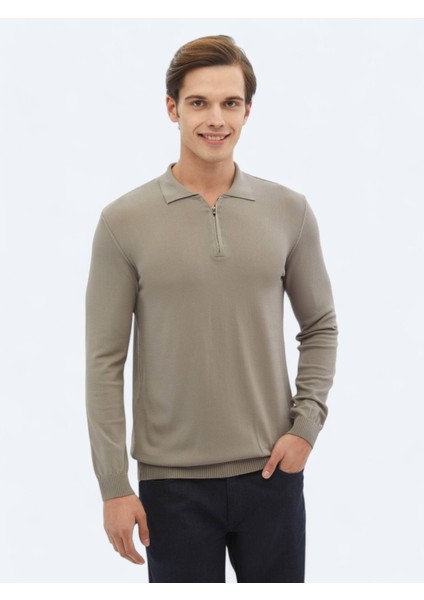 Açık Vizon Polo Yaka Düz Örgü Triko Kazak