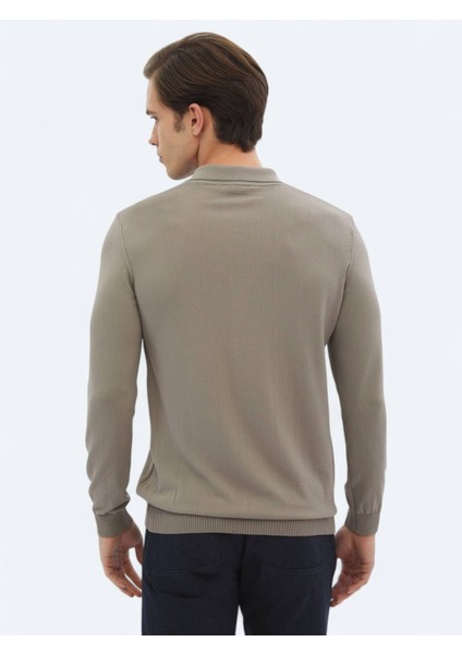 Açık Vizon Polo Yaka Düz Örgü Triko Kazak