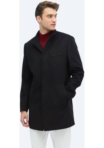 Siyah Regular Fit Dik Yaka Klasik Dokuma Palto