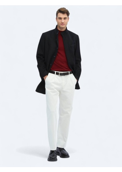 Siyah Regular Fit Dik Yaka Klasik Dokuma Palto