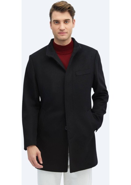 Siyah Regular Fit Dik Yaka Klasik Dokuma Palto
