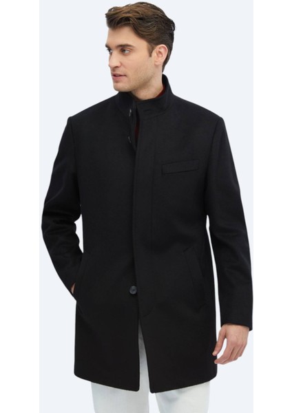Siyah Regular Fit Dik Yaka Klasik Dokuma Palto