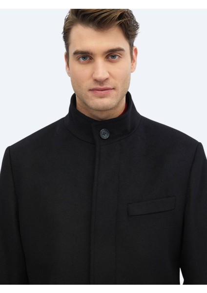Siyah Regular Fit Dik Yaka Klasik Dokuma Palto