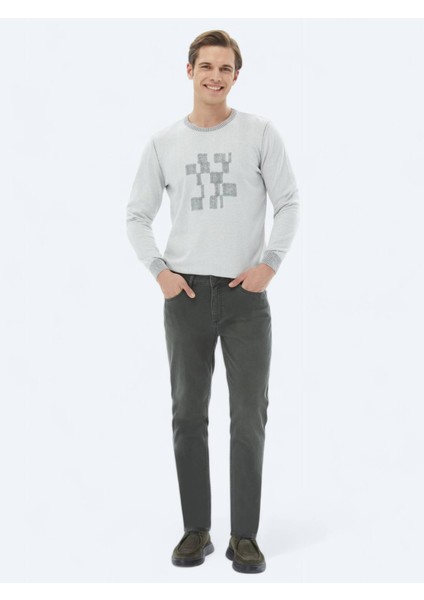 Gri Bisiklet Yaka Desenli Pamuk Karışımlı Triko Kazak