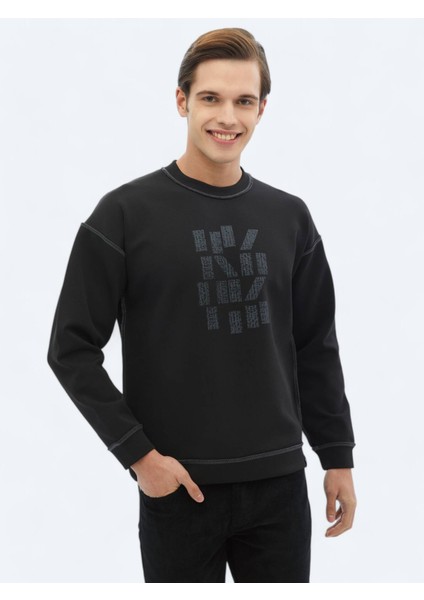 Siyah Bisiklet Yaka Baskılı Çift Taraflı Sweatshırt