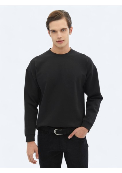 Siyah Bisiklet Yaka Baskılı Çift Taraflı Sweatshırt