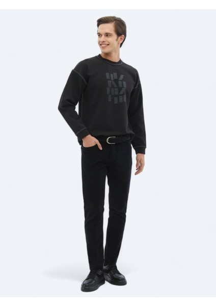 Siyah Bisiklet Yaka Baskılı Çift Taraflı Sweatshırt
