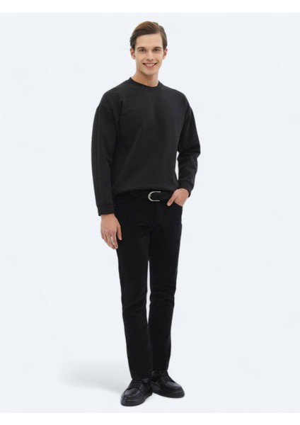 Siyah Bisiklet Yaka Baskılı Çift Taraflı Sweatshırt