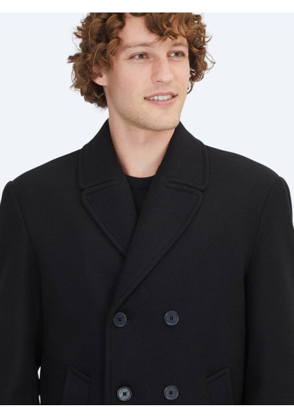 Siyah Regular Fit Kruvaze Yaka Casual Örme Kaban