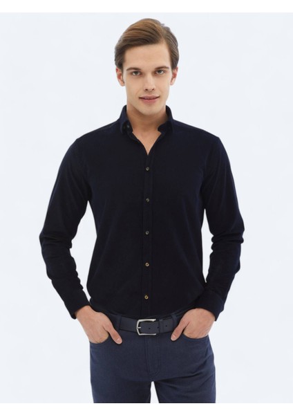 Lacivert Fitilli Regular Fit Dokuma Kadife Casual %100 Pamuk Gömlek