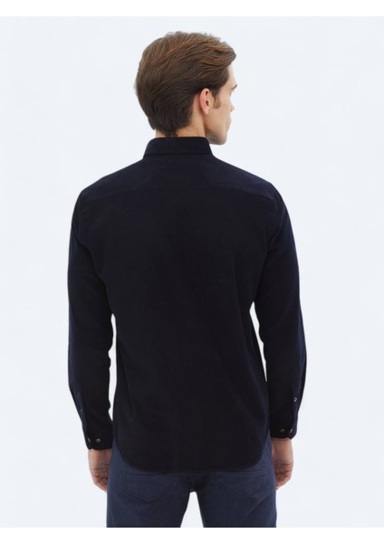 Lacivert Fitilli Regular Fit Dokuma Kadife Casual %100 Pamuk Gömlek