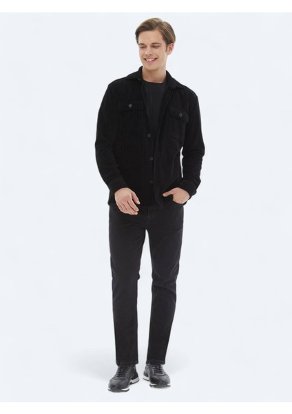 Siyah Düz Oversize Fit Pamuk Karışımlı Overshırt