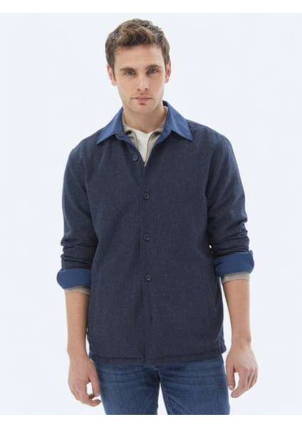 Lacivert Regular Fit Gömlek Yaka Casual Dokuma Mont