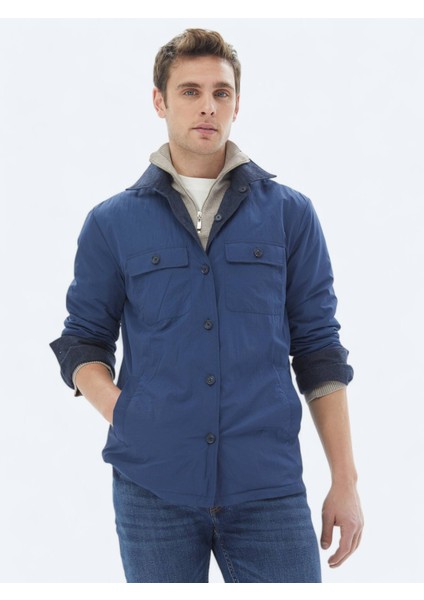 Lacivert Regular Fit Gömlek Yaka Casual Dokuma Mont