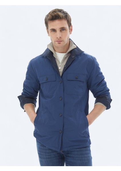 Lacivert Regular Fit Gömlek Yaka Casual Dokuma Mont