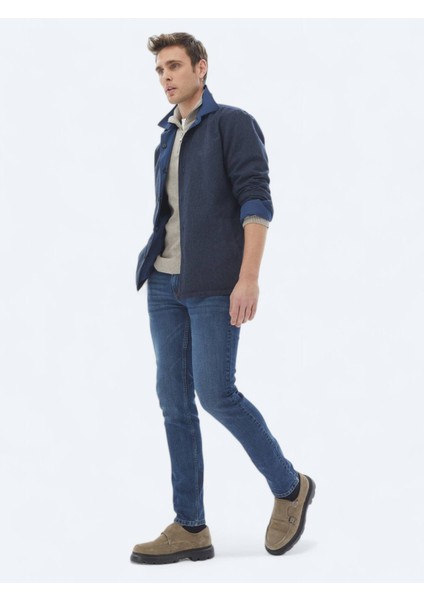Lacivert Regular Fit Gömlek Yaka Casual Dokuma Mont