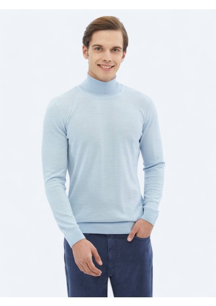 Mavi Tam Balıkçı Yaka Düz Örgü Yün Karışımlı Triko Kazak