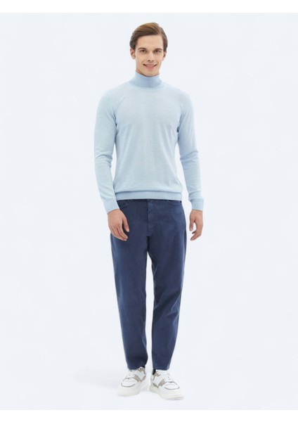 Mavi Tam Balıkçı Yaka Düz Örgü Yün Karışımlı Triko Kazak