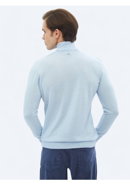 Mavi Tam Balıkçı Yaka Düz Örgü Yün Karışımlı Triko Kazak