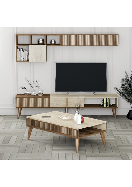 Variant Milan Tv Ünitesi ve Orta Sehpa Takımı - Ceviz / Traverten Mermer