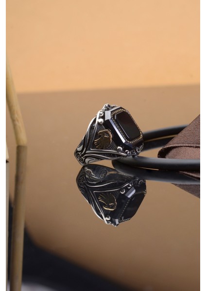 Siyah Zirkon Taşlı Kartal Motifli 925 Ayar Gümüş Erkek Yüzük modelleri