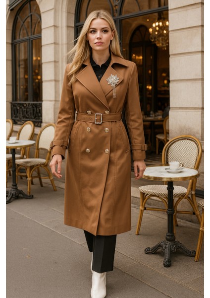 Çıkartılabilir Broş ve Leopar Astar Detay Trençkot 6350 Taba