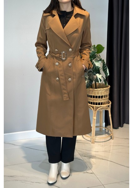 Çıkartılabilir Broş ve Leopar Astar Detay Trençkot 6350 Taba