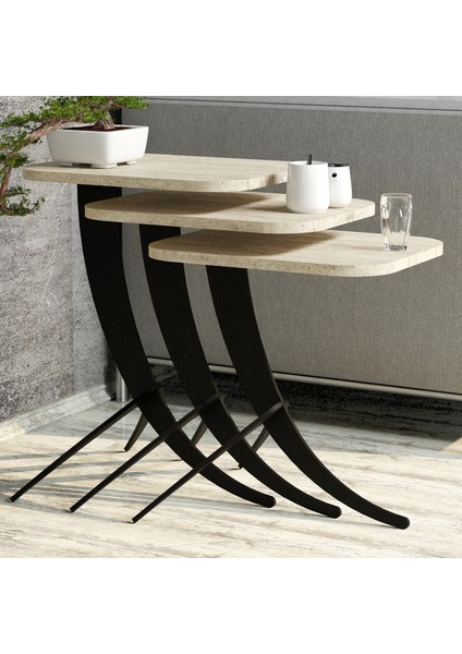 Pion Metal Ayaklı 3'lü Zigon Sehpa -Traverten Mermer