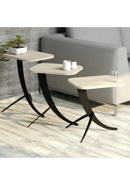 Pion Metal Ayaklı 3'lü Zigon Sehpa -Traverten Mermer fiyatları