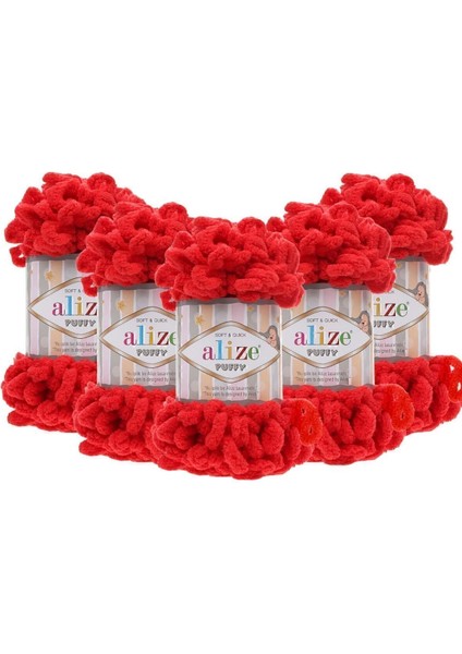( 5 Adet ) Puffy El Örgü Ipliği 5'li Paket - 56 Kırmızı - 100 Gr. 9 Mt. Parmak Örgü Ipi