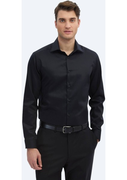 Siyah Düz Slim Fit Dokuma Klasik %100 Pamuk Gömlek