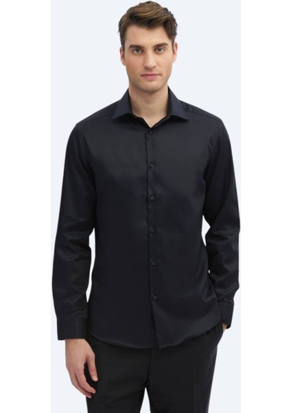 Siyah Düz Slim Fit Dokuma Klasik %100 Pamuk Gömlek