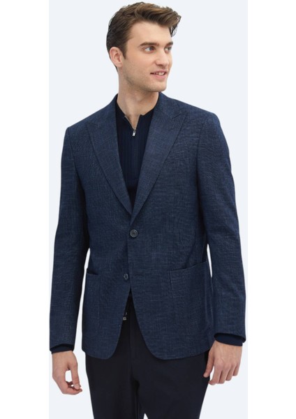 İndigo Desenli Modern Fit Ceket