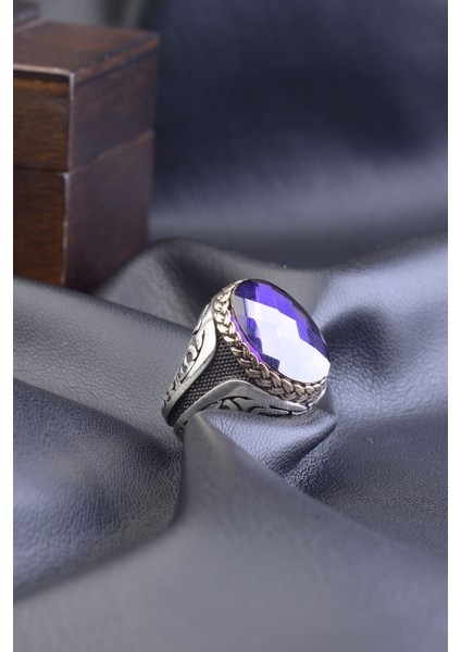 Mor Zirkon Taşlı 925 Ayar Gümüş Erkek Yüzük