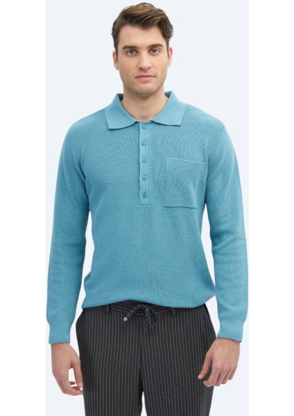 Koyu Mint Polo Yaka Selanik Pamuk Karışımlı Triko Kazak