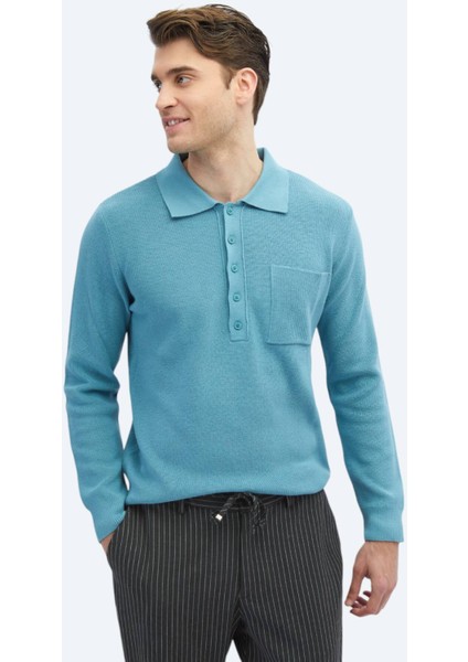 Koyu Mint Polo Yaka Selanik Pamuk Karışımlı Triko Kazak