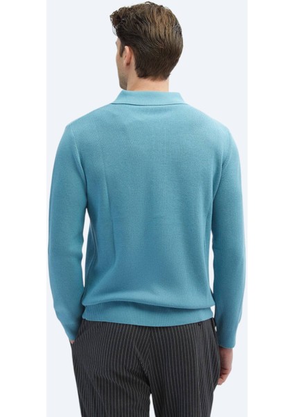 Koyu Mint Polo Yaka Selanik Pamuk Karışımlı Triko Kazak