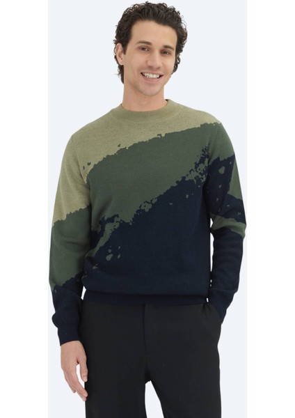 Lacivert Yarım Balıkçı Yaka Desenli Yün Karışımlı Triko Kazak