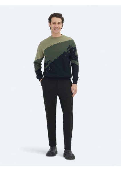 Lacivert Yarım Balıkçı Yaka Desenli Yün Karışımlı Triko Kazak