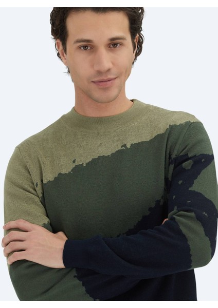 Lacivert Yarım Balıkçı Yaka Desenli Yün Karışımlı Triko Kazak