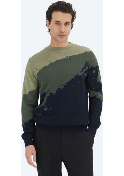 Lacivert Yarım Balıkçı Yaka Desenli Yün Karışımlı Triko Kazak