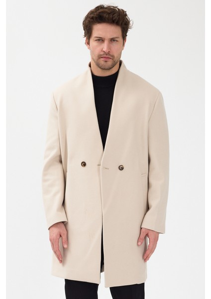 Erkek Kruvaze Kaşe Palto Mont Ekru