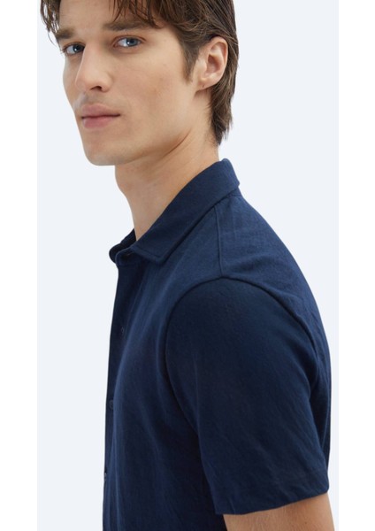 Lacivert Düz Regular Fit Casual Pamuk Karışımlı Gömlek