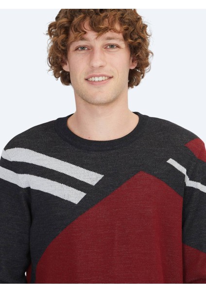 Kırmızı Bisiklet Yaka Desenli Yün Karışımlı Triko Kazak fırsatları