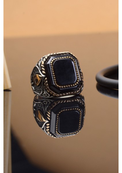 Siyah Zirkon Taş Damla Desenli Kare 925 Ayar Gümüş Erkek Yüzük